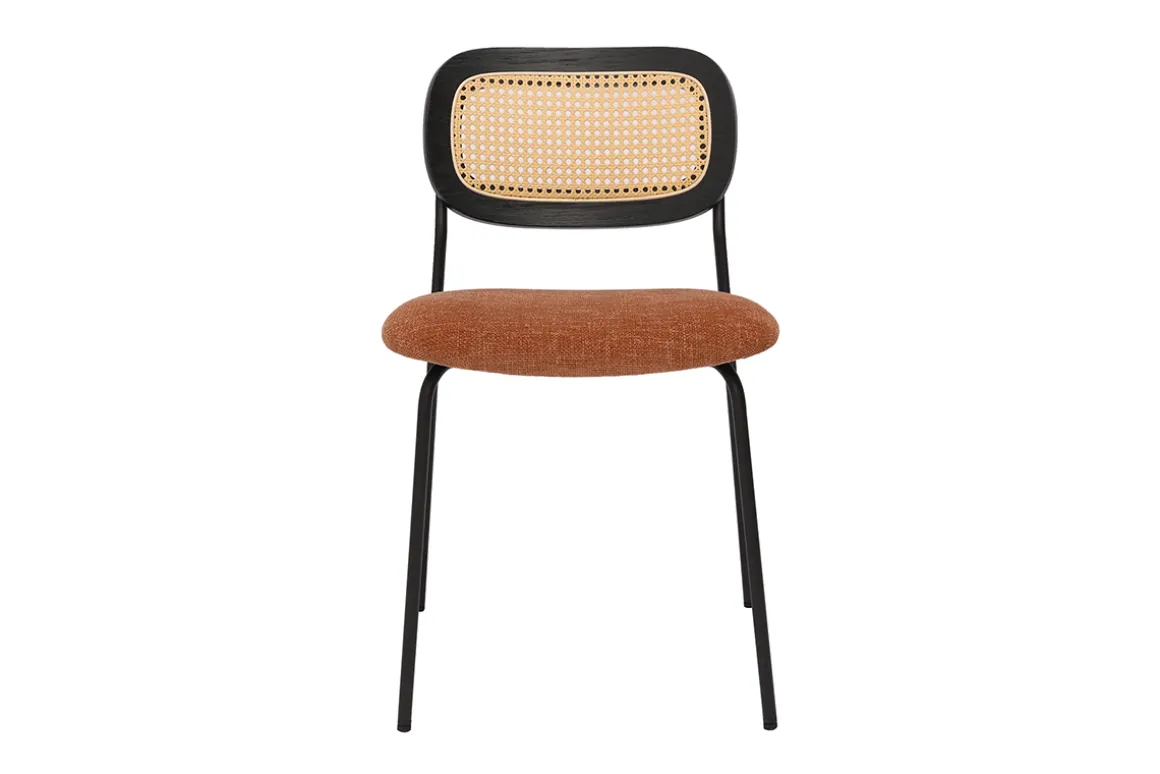 Sale Miliboo Sillas de diseño de tela de terciopelo texturizado color tierra quemada, metal negro y caña de ratán (juego de 2) MIRANDA