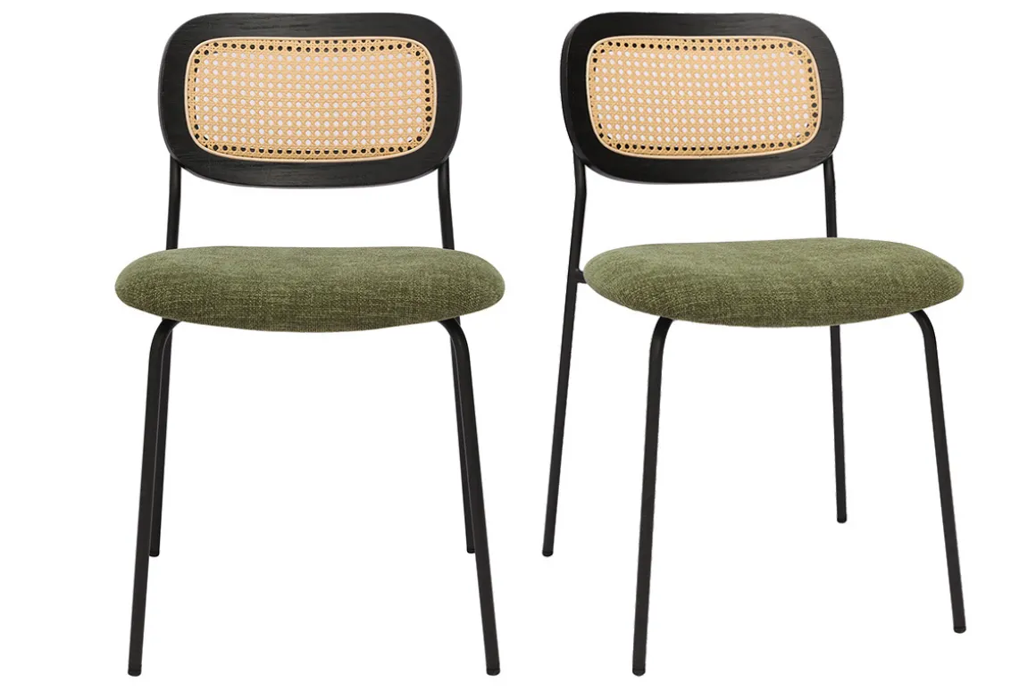 Best Sale Miliboo Sillas de diseño de terciopelo texturizado verde caqui, metal negro y rejilla de ratán (juego de 2) MIRANDA