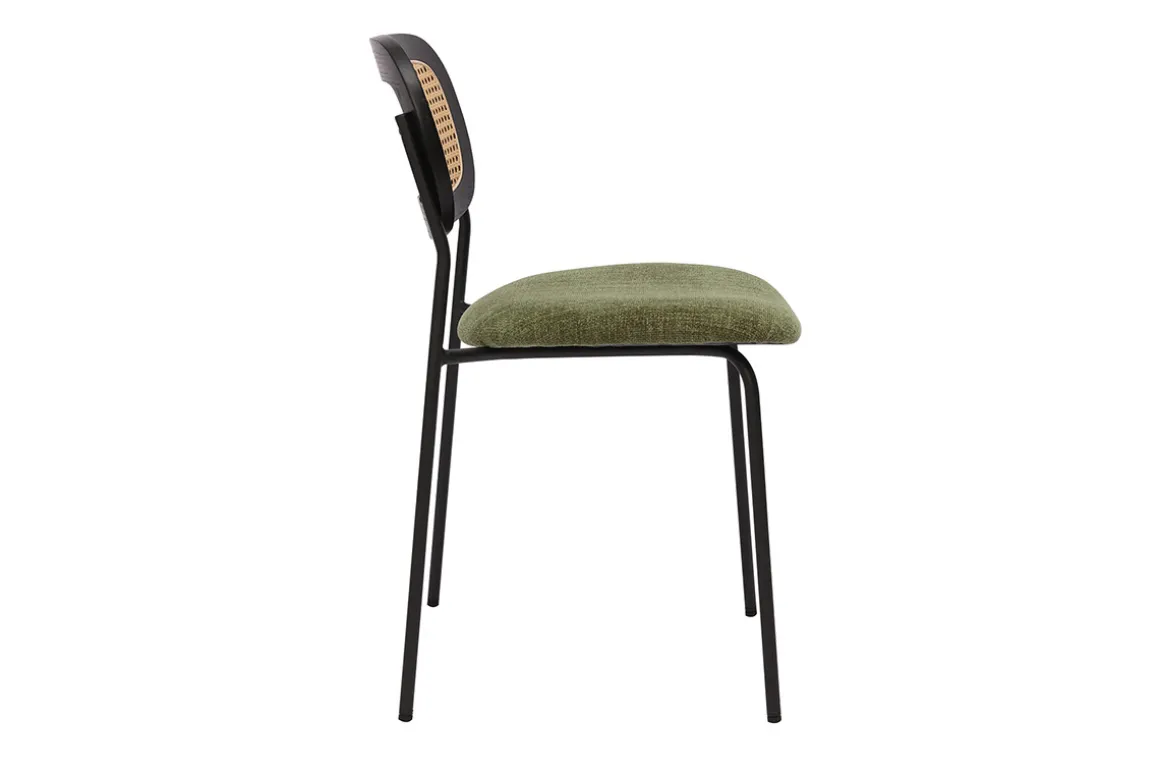 Best Sale Miliboo Sillas de diseño de terciopelo texturizado verde caqui, metal negro y rejilla de ratán (juego de 2) MIRANDA