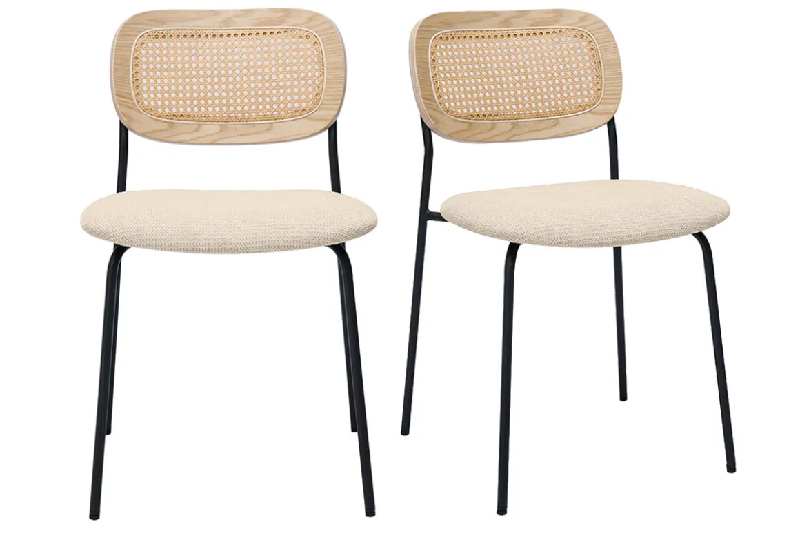 Clearance Miliboo Sillas de diseño en tela con efecto terciopelo texturizado beige, metal negro y mimbre (juego de 2) MIRANDA