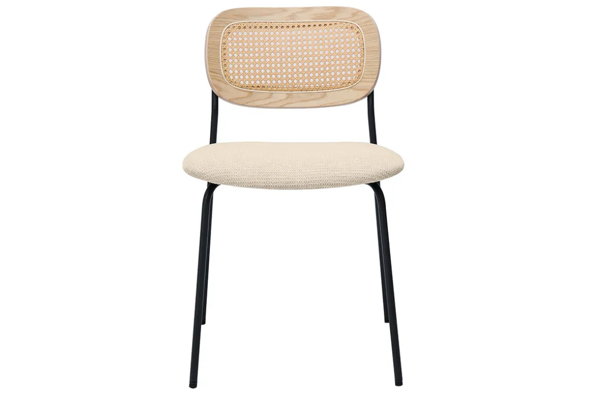 Clearance Miliboo Sillas de diseño en tela con efecto terciopelo texturizado beige, metal negro y mimbre (juego de 2) MIRANDA