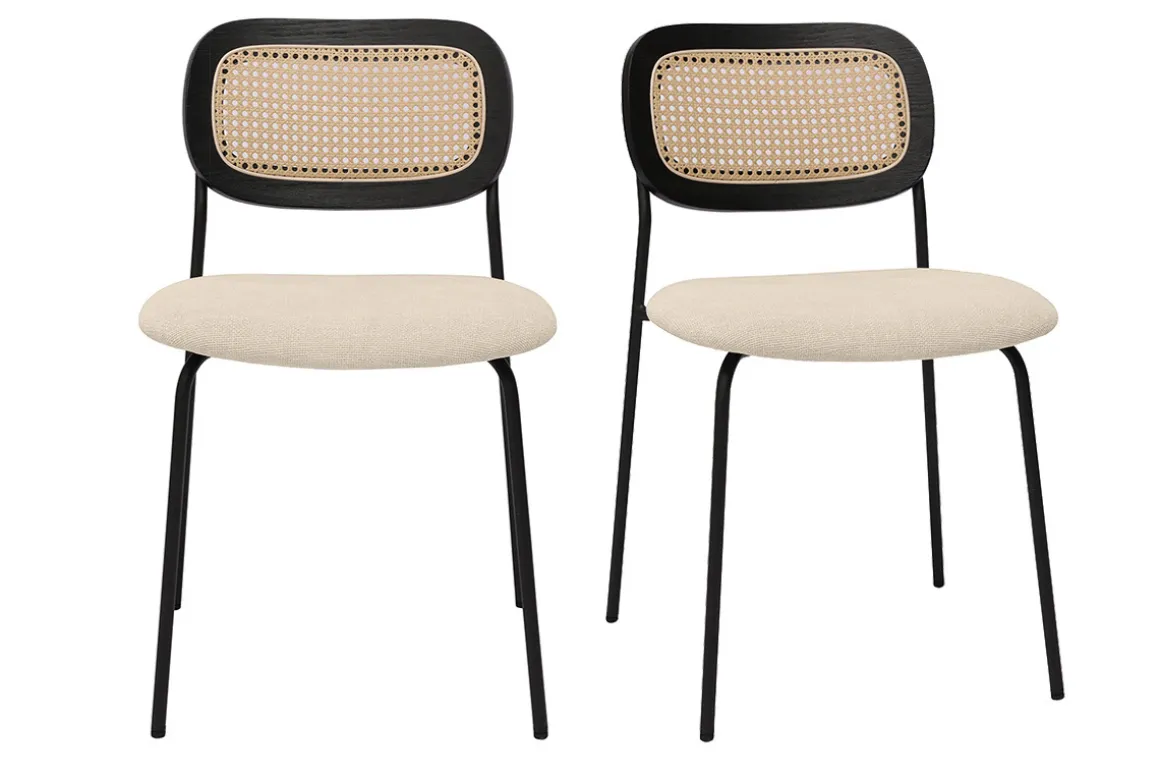 Online Miliboo Sillas de diseño en tela efecto terciopelo texturizado beige, metal negro y rejilla de ratán (juego de 2) MIRANDA