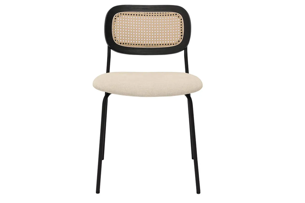 Online Miliboo Sillas de diseño en tela efecto terciopelo texturizado beige, metal negro y rejilla de ratán (juego de 2) MIRANDA