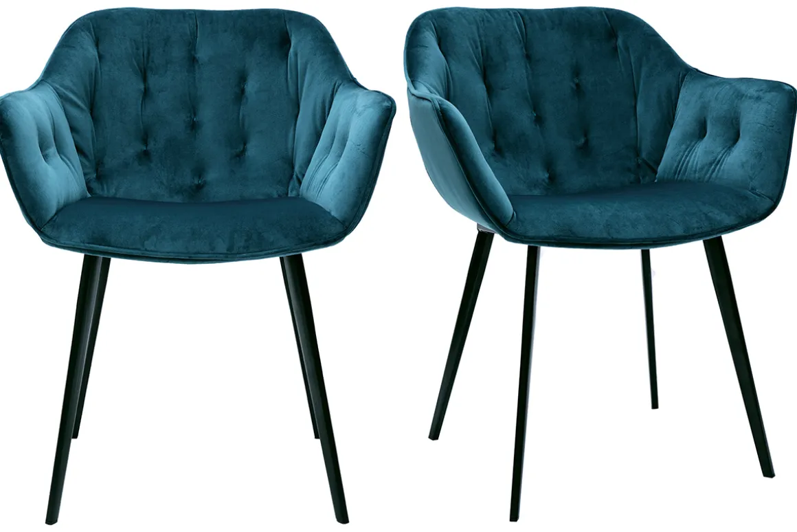 Clearance Miliboo Sillas modernas en terciopelo azul petróleo y patas metal negro (lote de 2) BURTON
