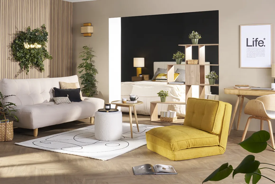 Online Miliboo Sillón cama de 1 plaza de tejido efecto aterciopelado amarillo mostaza SALLY