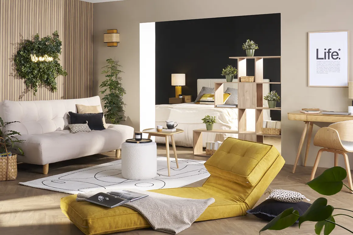 Online Miliboo Sillón cama de 1 plaza de tejido efecto aterciopelado amarillo mostaza SALLY