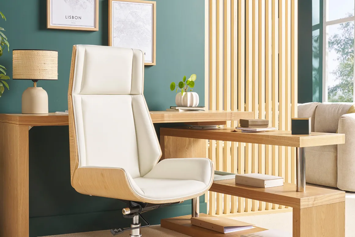 Discount Miliboo Sillón de escritorio moderno madera clara y blanca CURVED