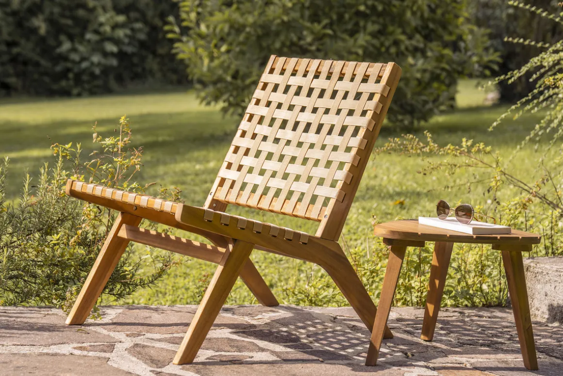 Best Sale Miliboo Sillón de jardín de madera maciza con cinchas beige LUCEA