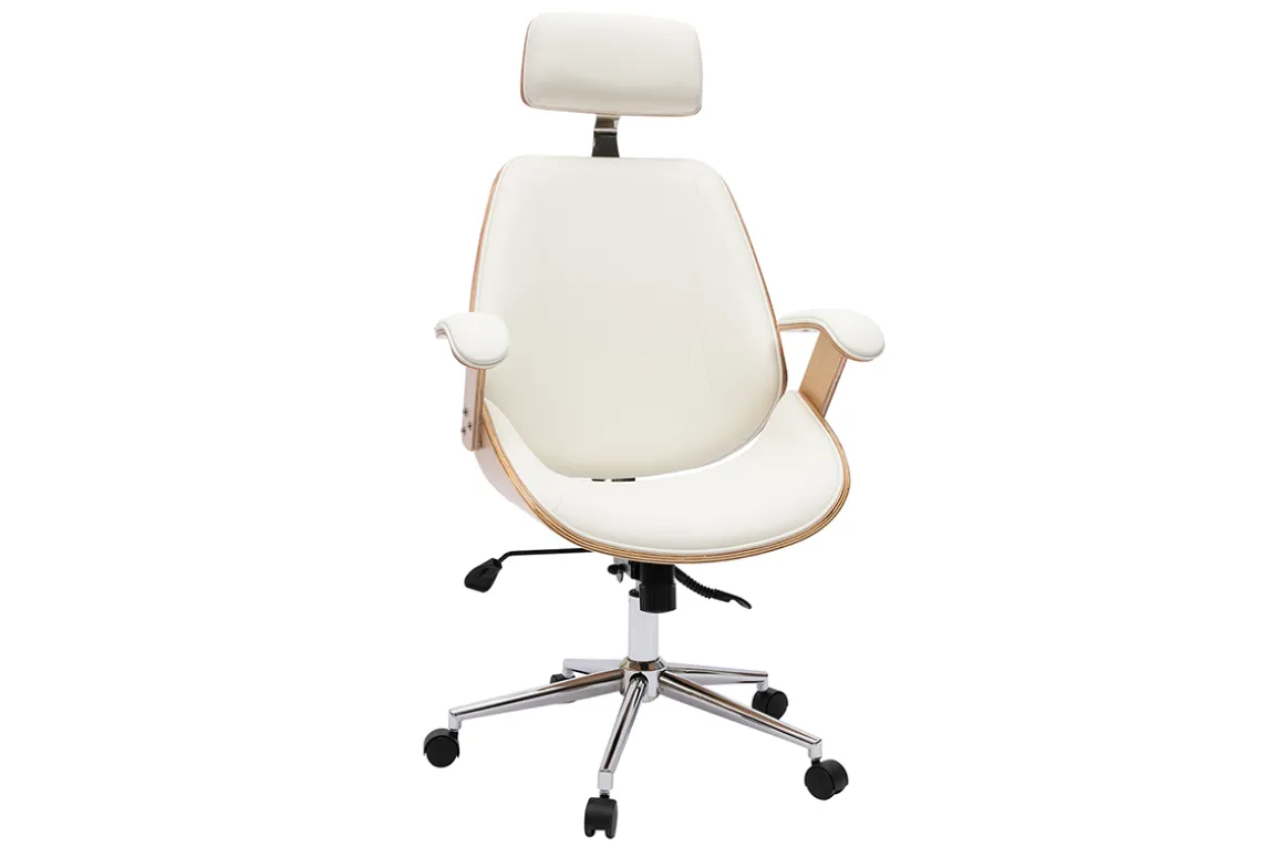 Discount Miliboo Sillón de oficina de dirección de diseño blanco, madera clara y acero cromado MUSK