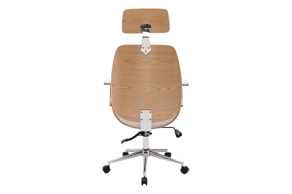 Discount Miliboo Sillón de oficina de dirección de diseño blanco, madera clara y acero cromado MUSK