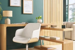 Sale Miliboo Sillón de oficina moderno blanco y madera clara SANDRO