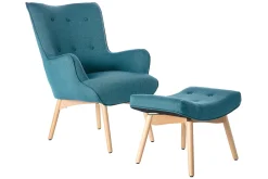 Hot Miliboo Sillón diseño escandinavo y reposapiés azul petróleo y madera clara BRISTOL