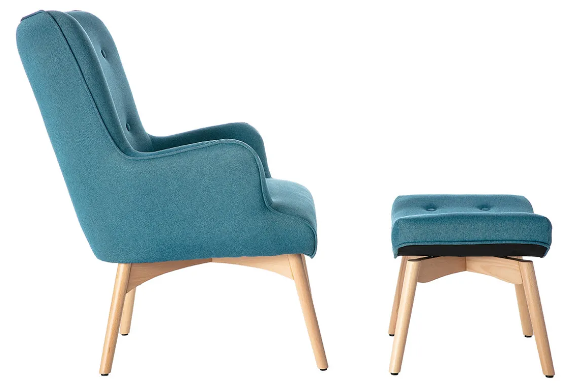 Hot Miliboo Sillón diseño escandinavo y reposapiés azul petróleo y madera clara BRISTOL