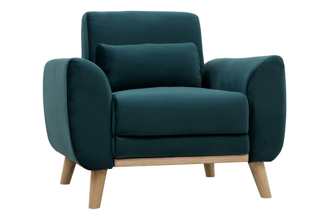 Sale Miliboo Sillón diseño tejido efecto terciopelo azul petróleo y patas roble EKTOR