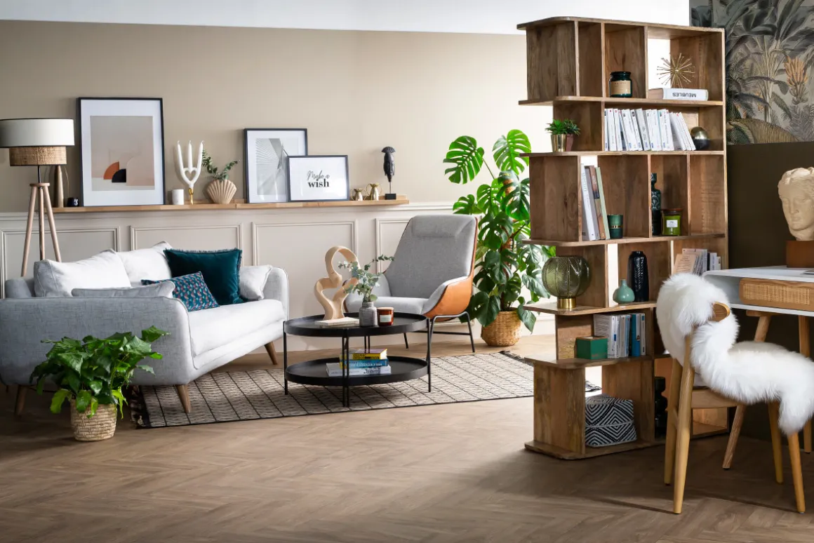 Store Miliboo Sillón marrón con tejido efecto terciopelo gris MARCEAU