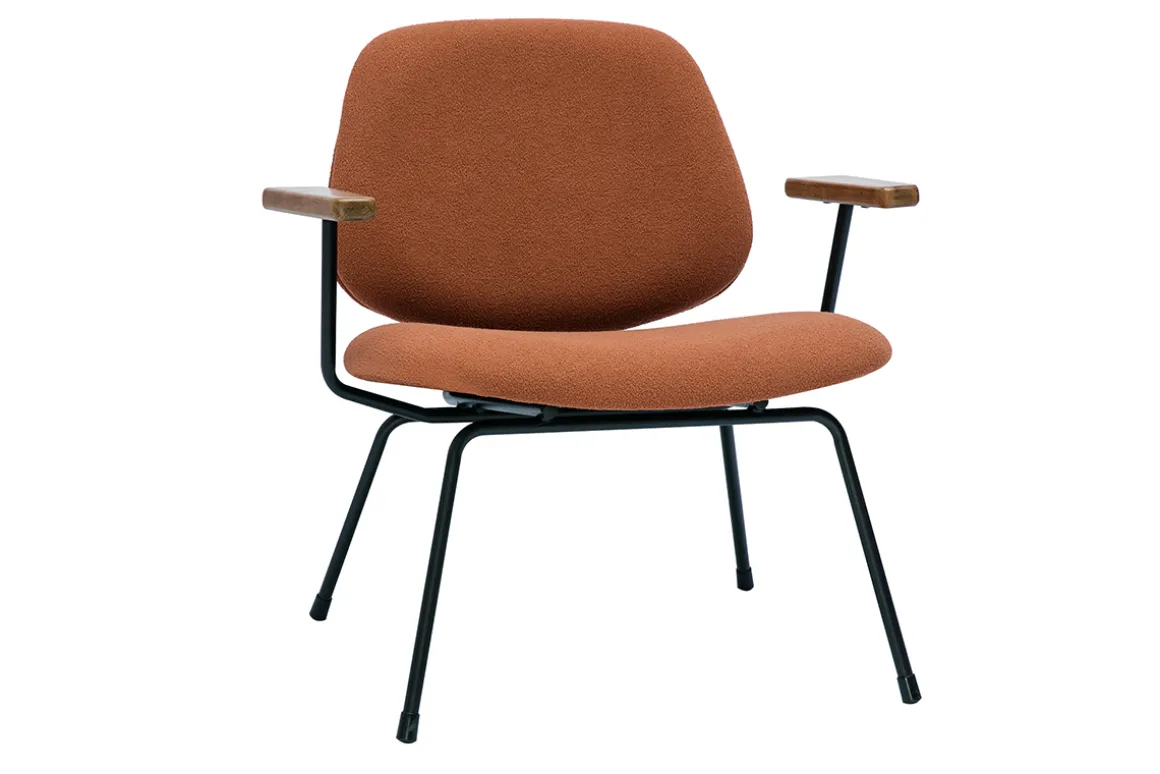 Outlet Miliboo Sillón moderno de borreguillo color terracota, metal negro y madera oscura BARNET