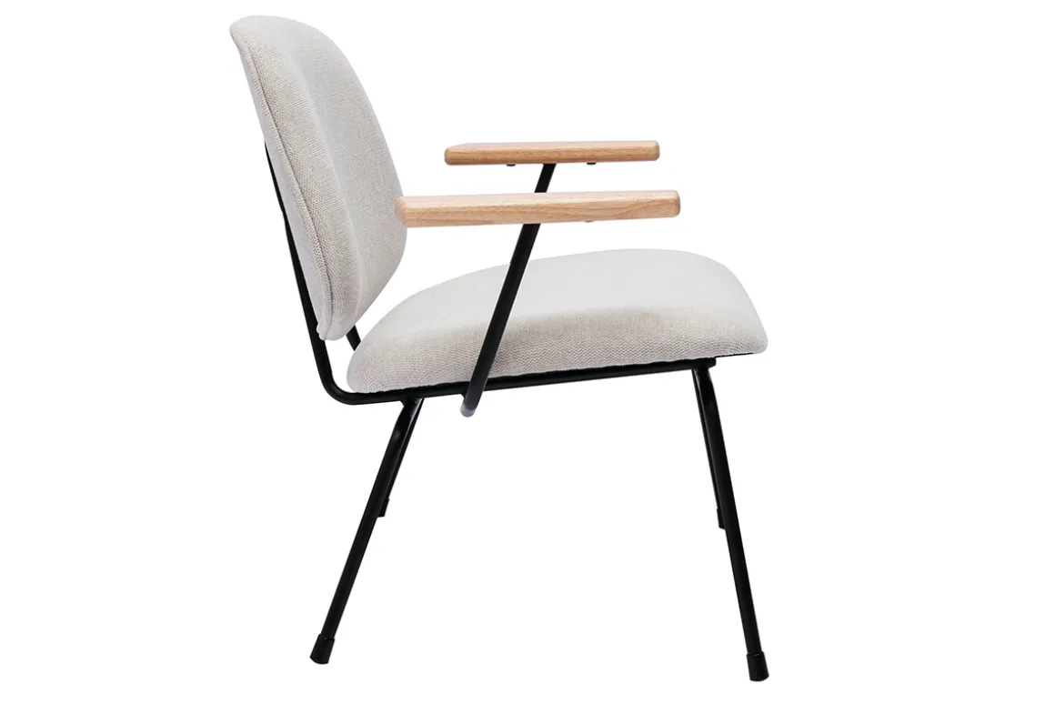 New Miliboo Sillón moderno de tela efecto aterciopelado beige, metal negro y madera clara BARNET