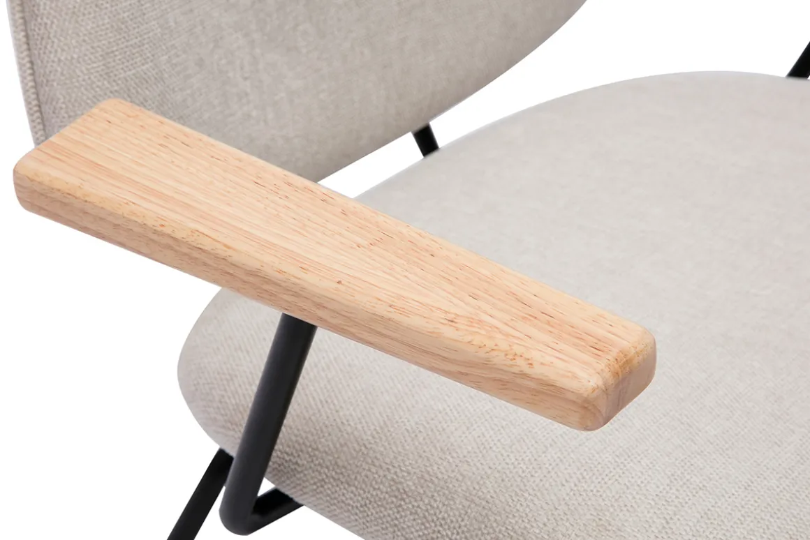 New Miliboo Sillón moderno de tela efecto aterciopelado beige, metal negro y madera clara BARNET