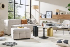 New Miliboo Sillón moderno de tela efecto aterciopelado beige, metal negro y madera clara BARNET