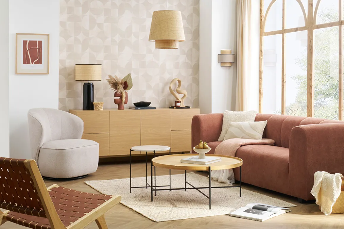 Store Miliboo Sillón moderno giratorio de tejido efecto aterciopelado texturizado beige AMBER