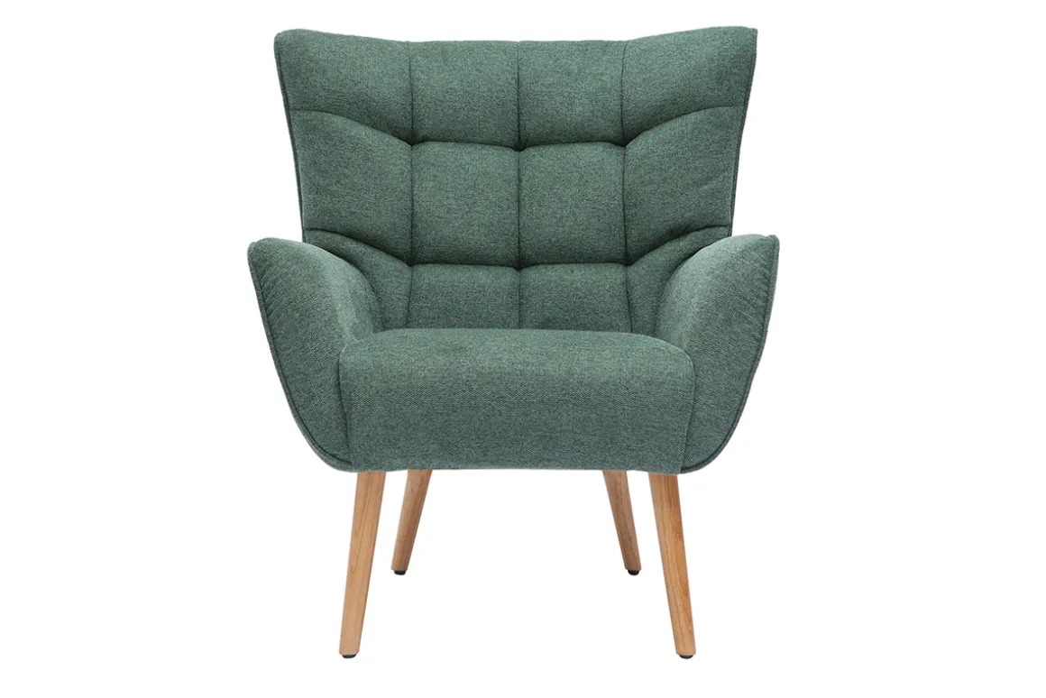 Hot Miliboo Sillón nórdico con tejido efecto aterciopelado texturizado verde oscuro y madera de caucho maciza AVERY