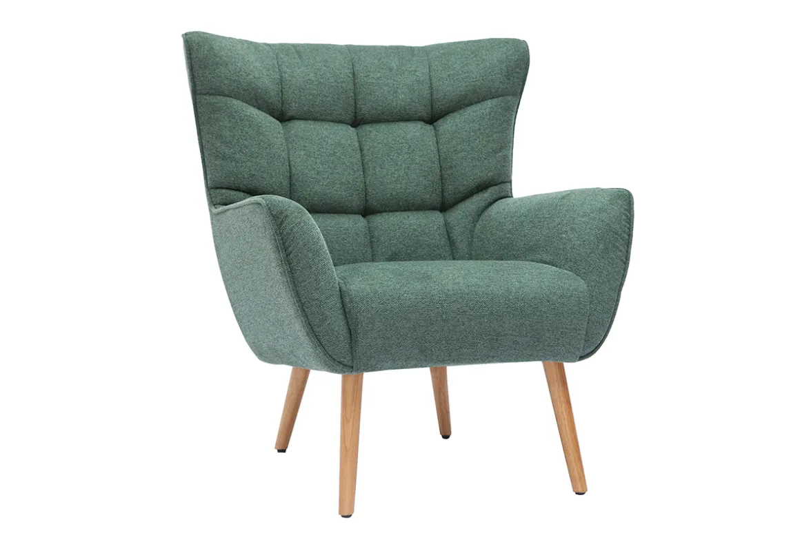 Hot Miliboo Sillón nórdico con tejido efecto aterciopelado texturizado verde oscuro y madera de caucho maciza AVERY