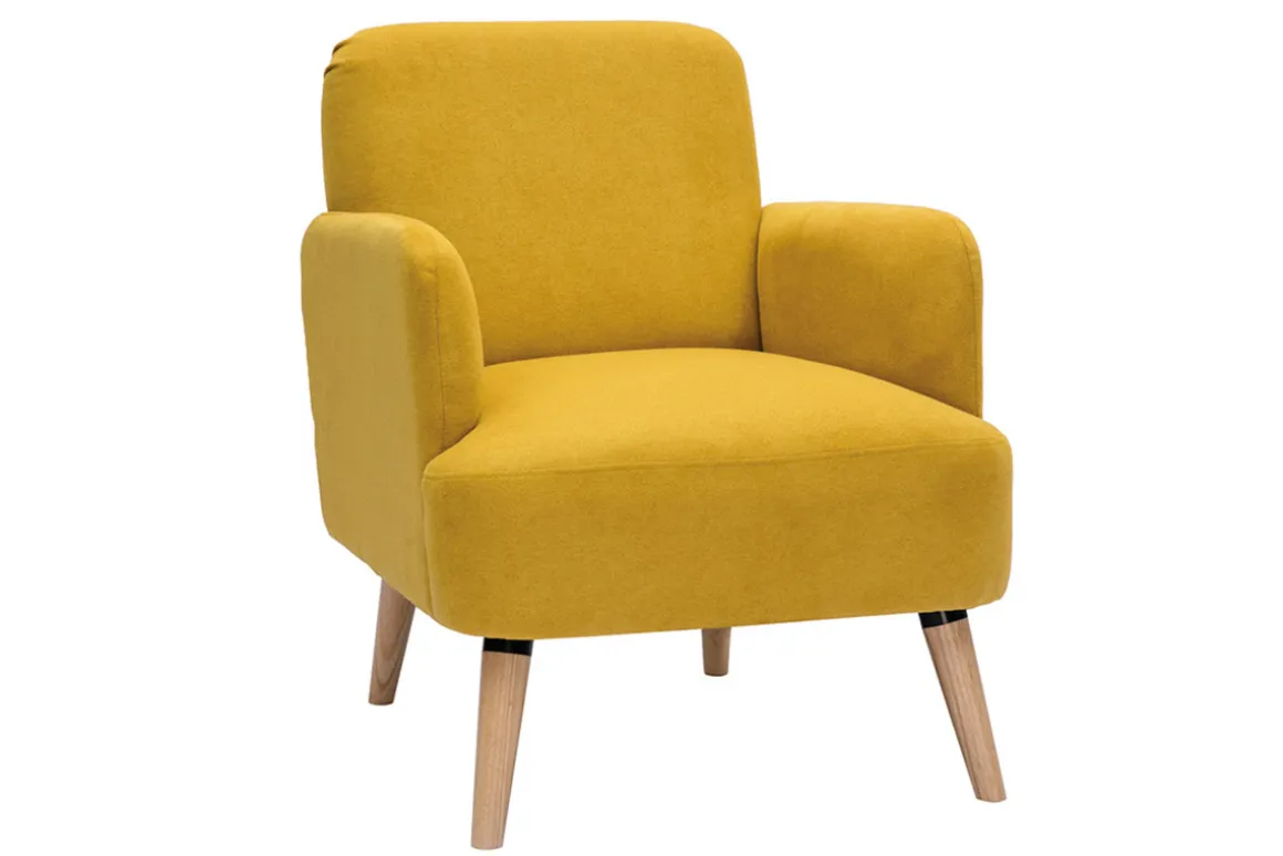 Store Miliboo Sillón nórdico de tejido efecto aterciopelado texturizado amarillo mostaza y madera ISKO