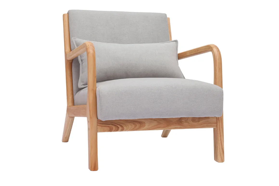 Discount Miliboo Sillón nórdico de tejido efecto aterciopelado gris claro y madera clara maciza DERRY