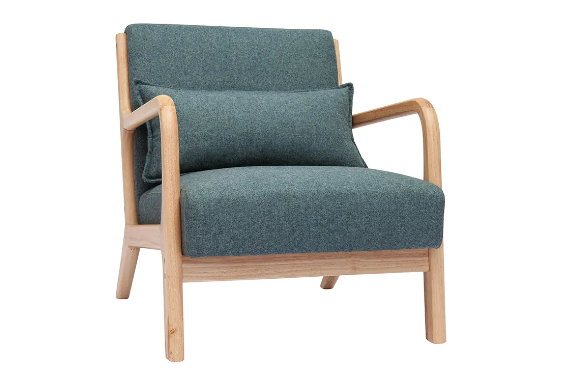 Clearance Miliboo Sillón nórdico de tejido verde grisáceo y madera clara maciza DERRY
