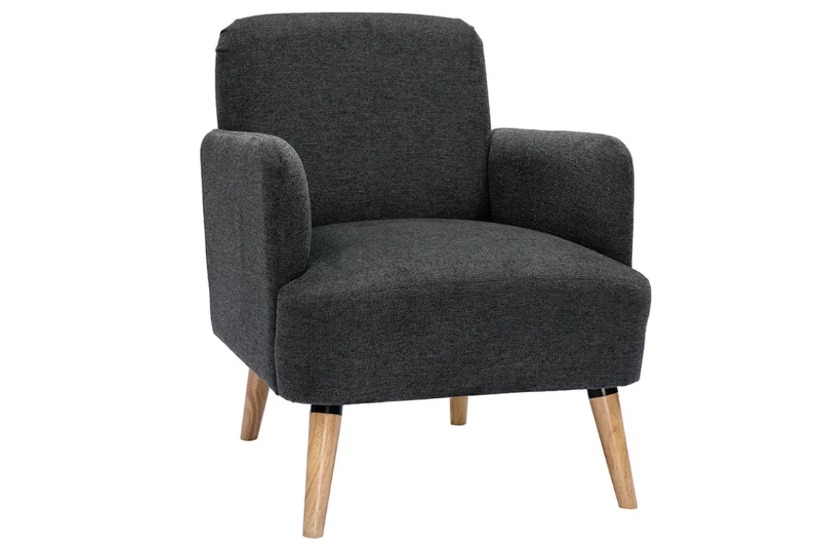 Online Miliboo Sillón nórdico de tela efecto aterciopelado texturizado gris oscuro y madera clara ISKO