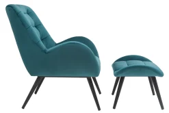 Shop Miliboo Sillón y reposapiés moderno en terciopelo azul petróleo ZOE