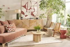 Fashion Miliboo Sofá 3 plazas de tejido efecto aterciopelado texturizado terracota y madera clara 200 cm ODEON
