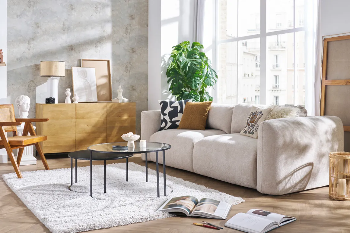 Shop Miliboo Sofá cama 4 plazas con canapé de terciopelo chenilla beige CRUSH