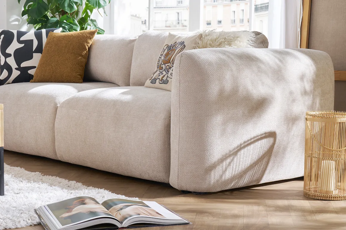 Shop Miliboo Sofá cama 4 plazas con canapé de terciopelo chenilla beige CRUSH