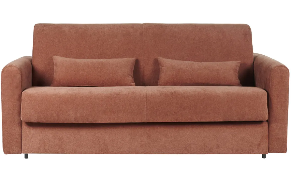 Shop Miliboo Sofá cama 3 plazas de tela efecto aterciopelado terracota con colchón de 13 cm LETTO