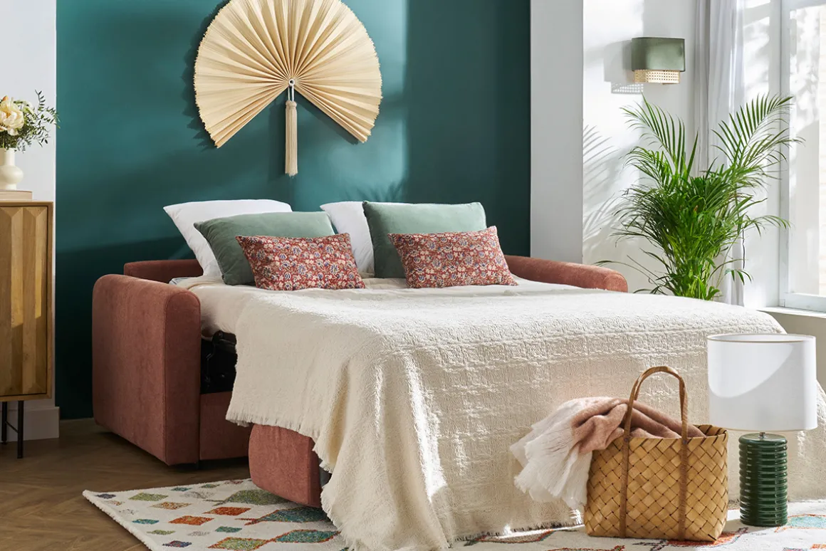 Shop Miliboo Sofá cama 3 plazas de tela efecto aterciopelado terracota con colchón de 13 cm LETTO