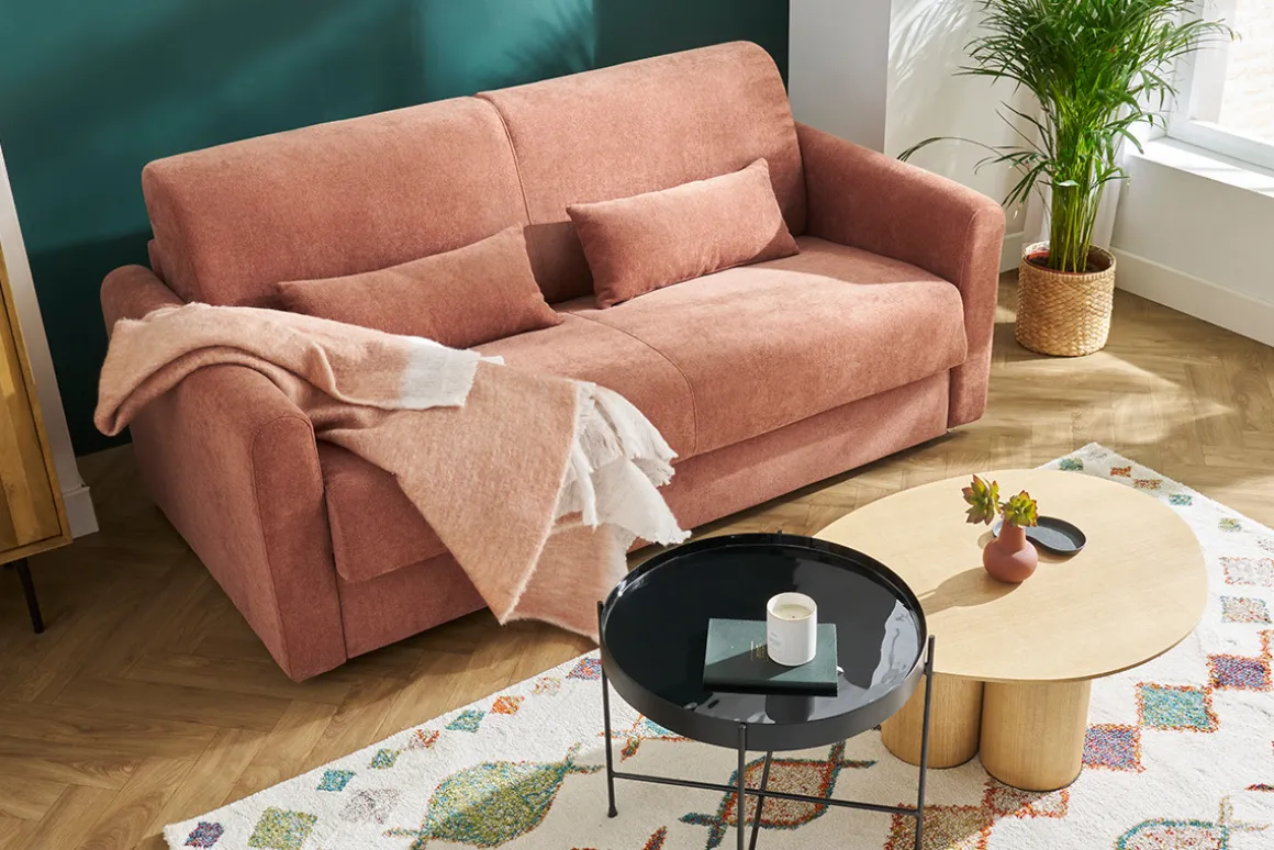 Shop Miliboo Sofá cama 3 plazas de tela efecto aterciopelado terracota con colchón de 13 cm LETTO