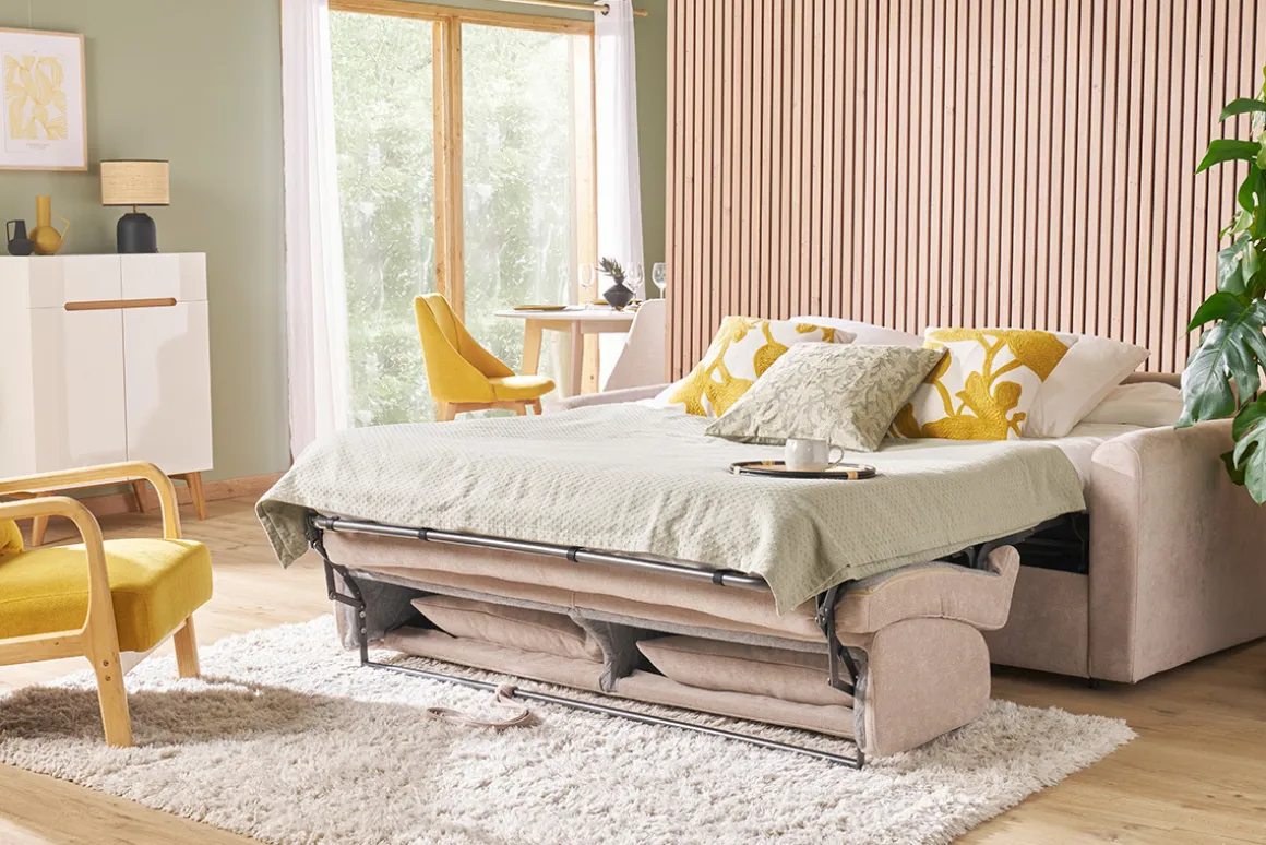 Sale Miliboo Sofá cama 3 plazas de tela efecto aterciopelado beige con colchón de 13 cm LETTO