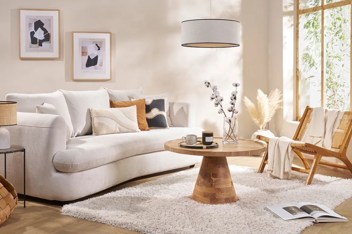 Flash Sale Miliboo Sofá cama 3-4 plazas desenfundable con forma de judía de tejido efecto aterciopelado beige claro SACHA