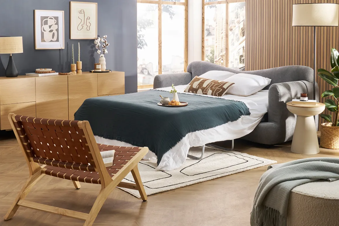 Best Miliboo Sofá cama 3-4 plazas desenfundable con forma de judía de tejido efecto aterciopelado gris antracita SACHA