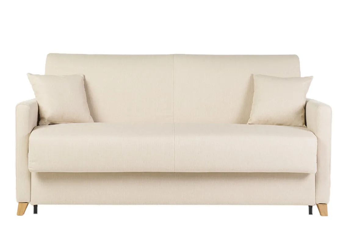 Discount Miliboo Sofá cama 3 plazas nórdico beige y madera clara con colchón de 18 cm SKANDY