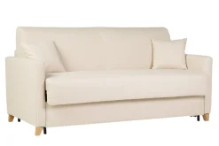 Discount Miliboo Sofá cama 3 plazas nórdico beige y madera clara con colchón de 18 cm SKANDY