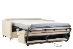 Discount Miliboo Sofá cama 3 plazas nórdico beige y madera clara con colchón de 18 cm SKANDY
