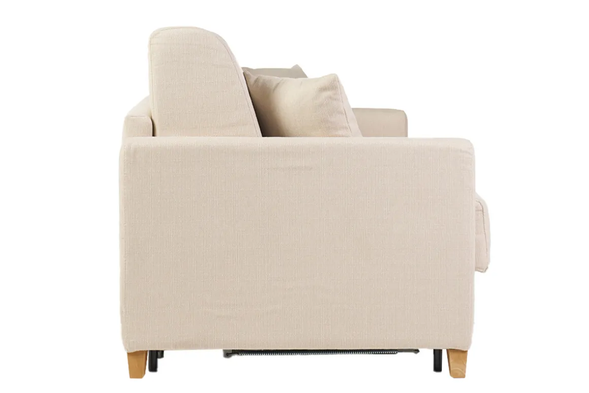 Discount Miliboo Sofá cama 3 plazas nórdico beige y madera clara con colchón de 18 cm SKANDY