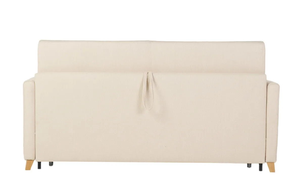 Discount Miliboo Sofá cama 3 plazas nórdico beige y madera clara con colchón de 18 cm SKANDY