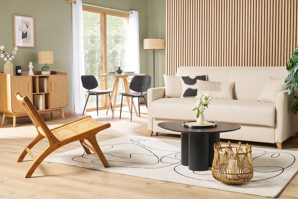 Discount Miliboo Sofá cama 3 plazas nórdico beige y madera clara con colchón de 18 cm SKANDY