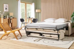 Discount Miliboo Sofá cama 3 plazas nórdico beige y madera clara con colchón de 18 cm SKANDY