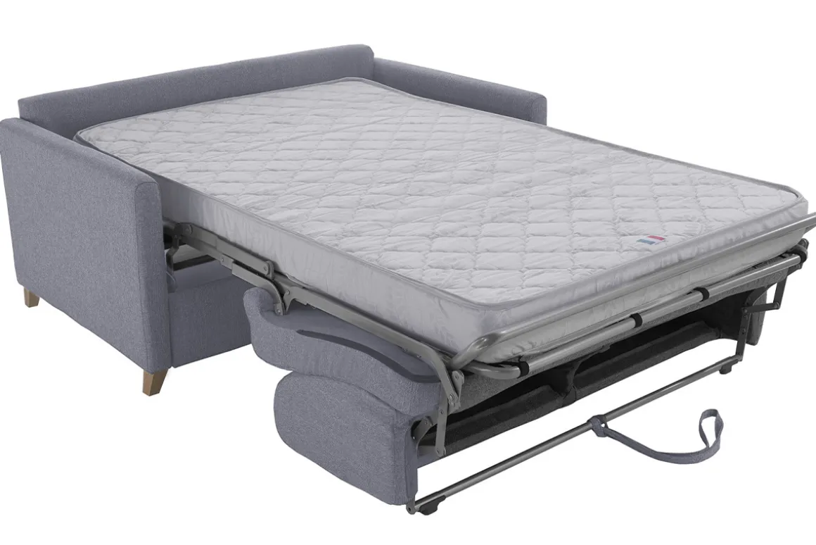 Flash Sale Miliboo Sofá cama 2-3 plazas nórdico gris y madera clara con colchón de 13 cm SKANDY