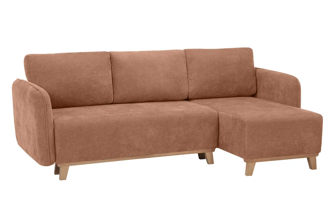Best Miliboo Sofá cama chaise longue reversible 3-4 plazas de tejido efecto aterciopelado terracota y madera clara ROMANE