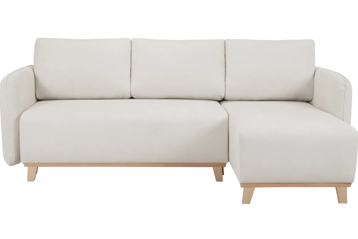 Clearance Miliboo Sofá cama chaise longue reversible 3-4 plazas de tejido efecto aterciopelado texturizado beige y madera clara ROMANE